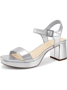 Women's Silver Fashion Block Chunky Open Square Toe Ankle Strap Heeled Sandals
